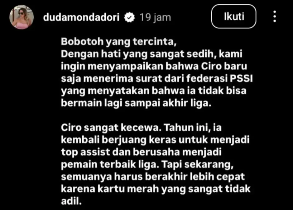 Curahan hati istri Ciro Alves, Maria Eduardo Mondado terhadap sanksi Komdis PSSI